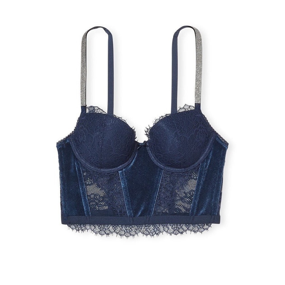 Victoria Secret Lined Demi Bra Corset 34C Blue Lace Velvet Bustier Shine Strap‎